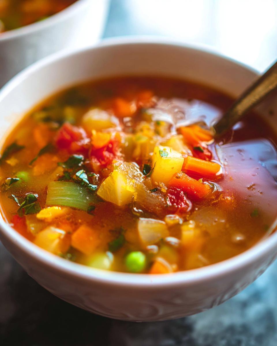 Close-up of a bowl of hearty homemade vegetable soup, brimming with carrots, potatoes, peas, and celery.