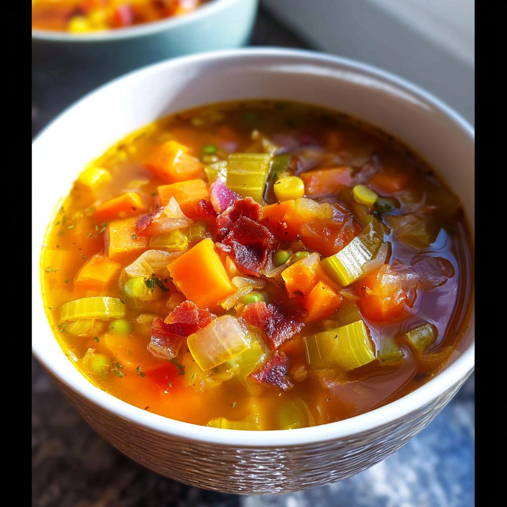 A close-up of a bowl of hearty homemade vegetable soup, featuring carrots, celery, peas, and bacon.