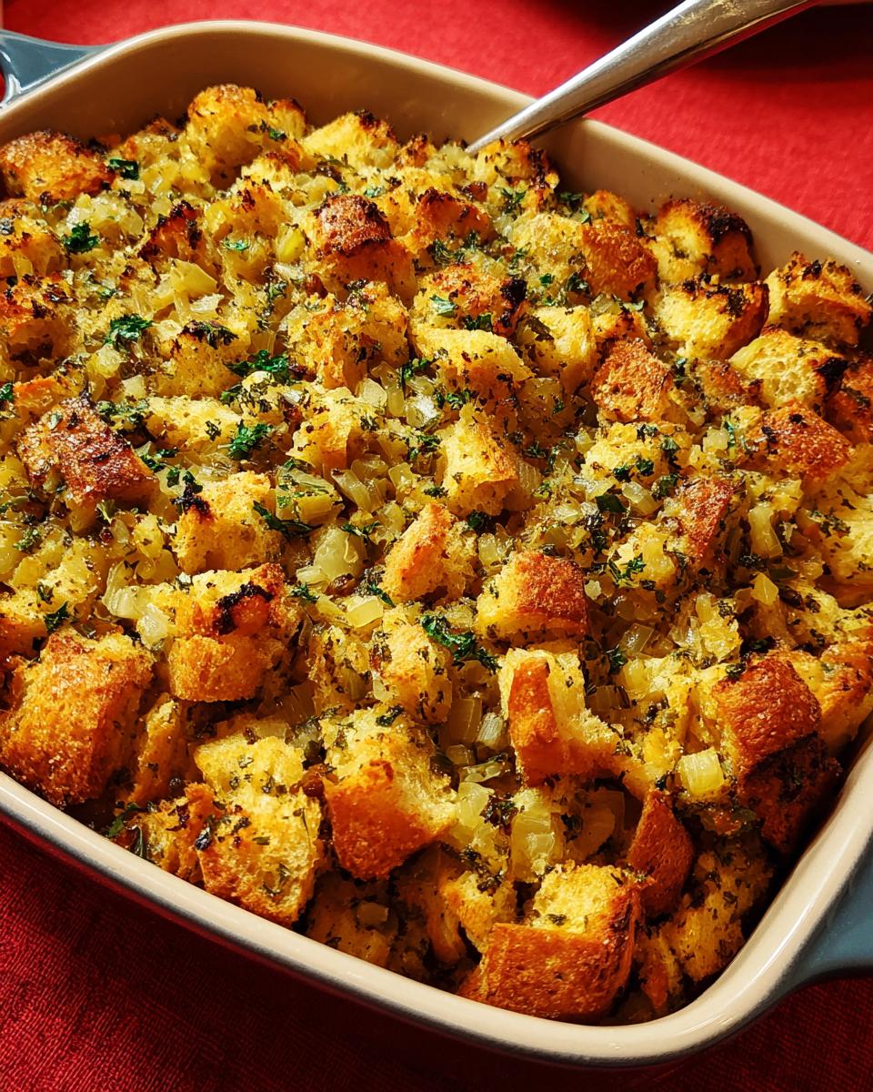 Close-up of a baking dish filled with golden-brown, homemade stuffing, featuring bread cubes, onions, and herbs.