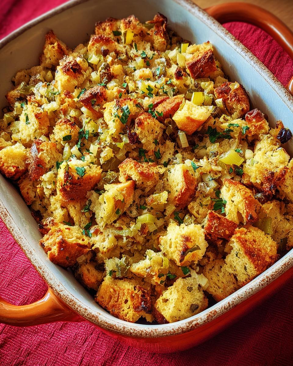 Close-up of a golden-brown homemade stuffing recipe in an orange baking dish, garnished with parsley.