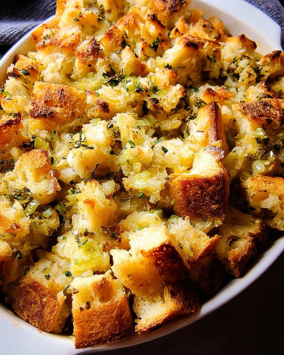 Close-up of a baking dish filled with golden brown homemade stuffing, featuring bread cubes, herbs, and vegetables.