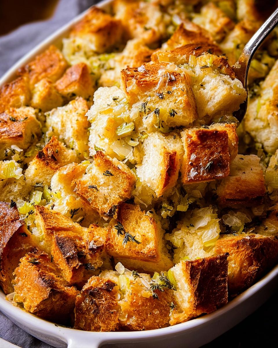 Close-up of golden brown bread cubes in a white baking dish, part of a homemade stuffing recipe.