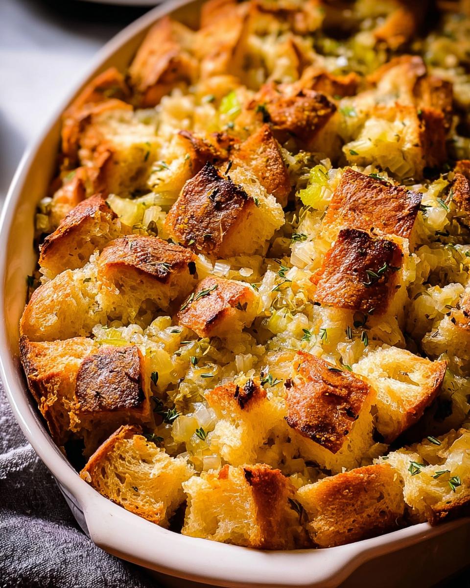 Close-up of golden brown homemade stuffing in a white baking dish, featuring toasted bread cubes and herbs.