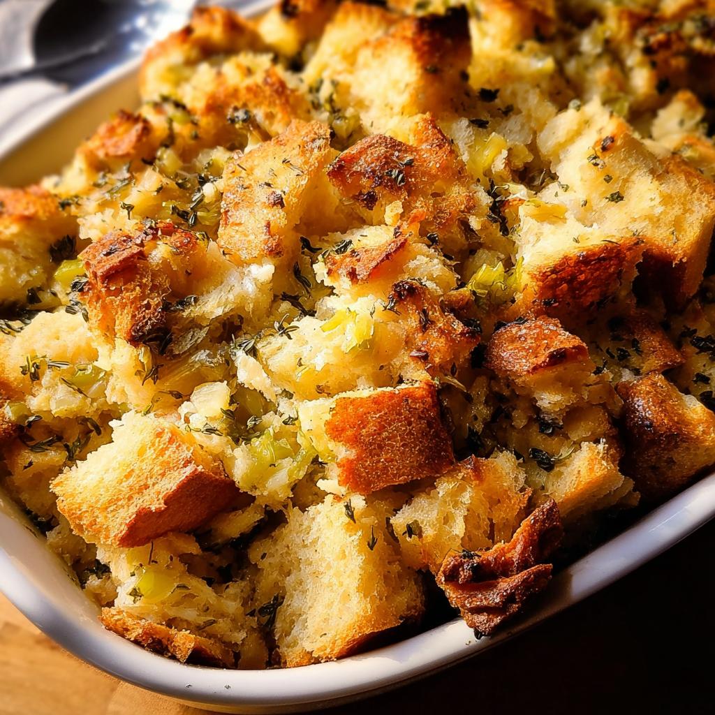 Close-up of a white baking dish filled with golden-brown homemade stuffing, featuring toasted bread cubes and herbs.