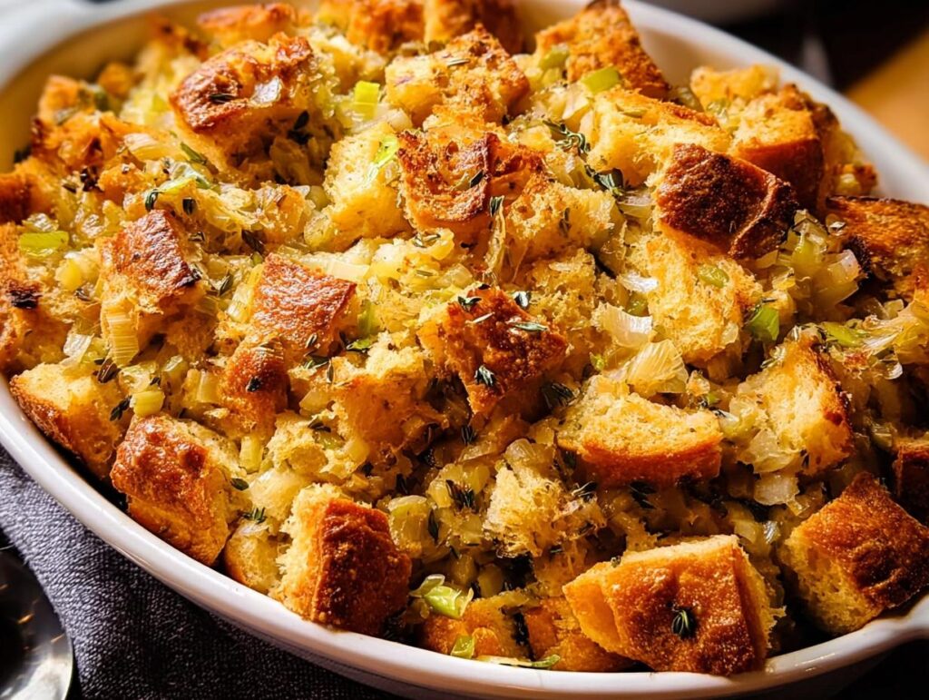 Close-up of delicious homemade stuffing recipe with golden bread cubes, celery, and herbs in a white baking dish.