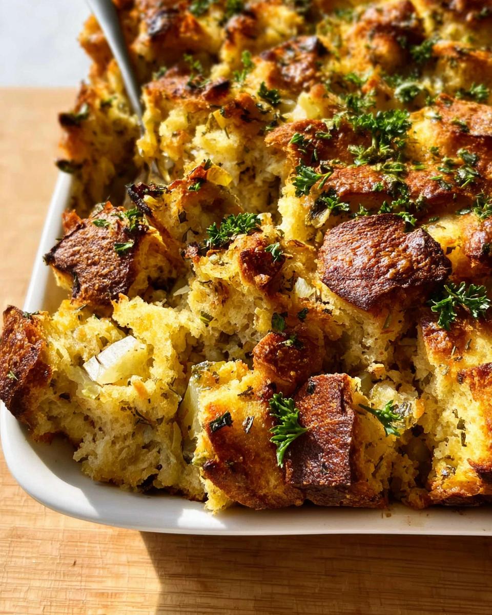 Close-up of a white baking dish filled with golden-brown homemade stuffing, garnished with fresh parsley.