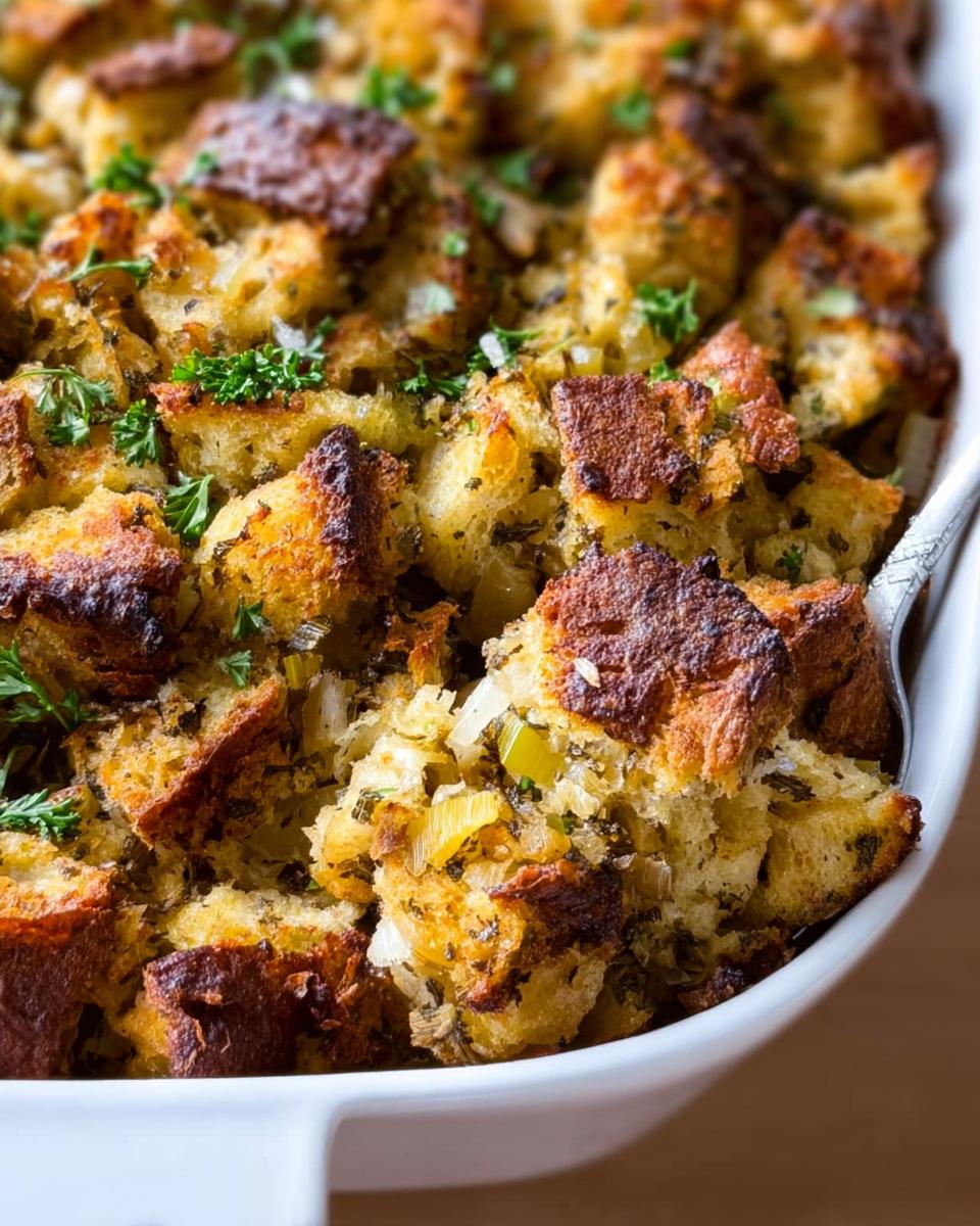 Close-up of a white baking dish filled with golden-brown homemade stuffing, garnished with fresh parsley.