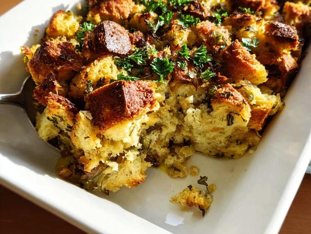 A close-up of a serving of homemade stuffing, featuring golden-brown bread cubes, herbs, and savory ingredients.