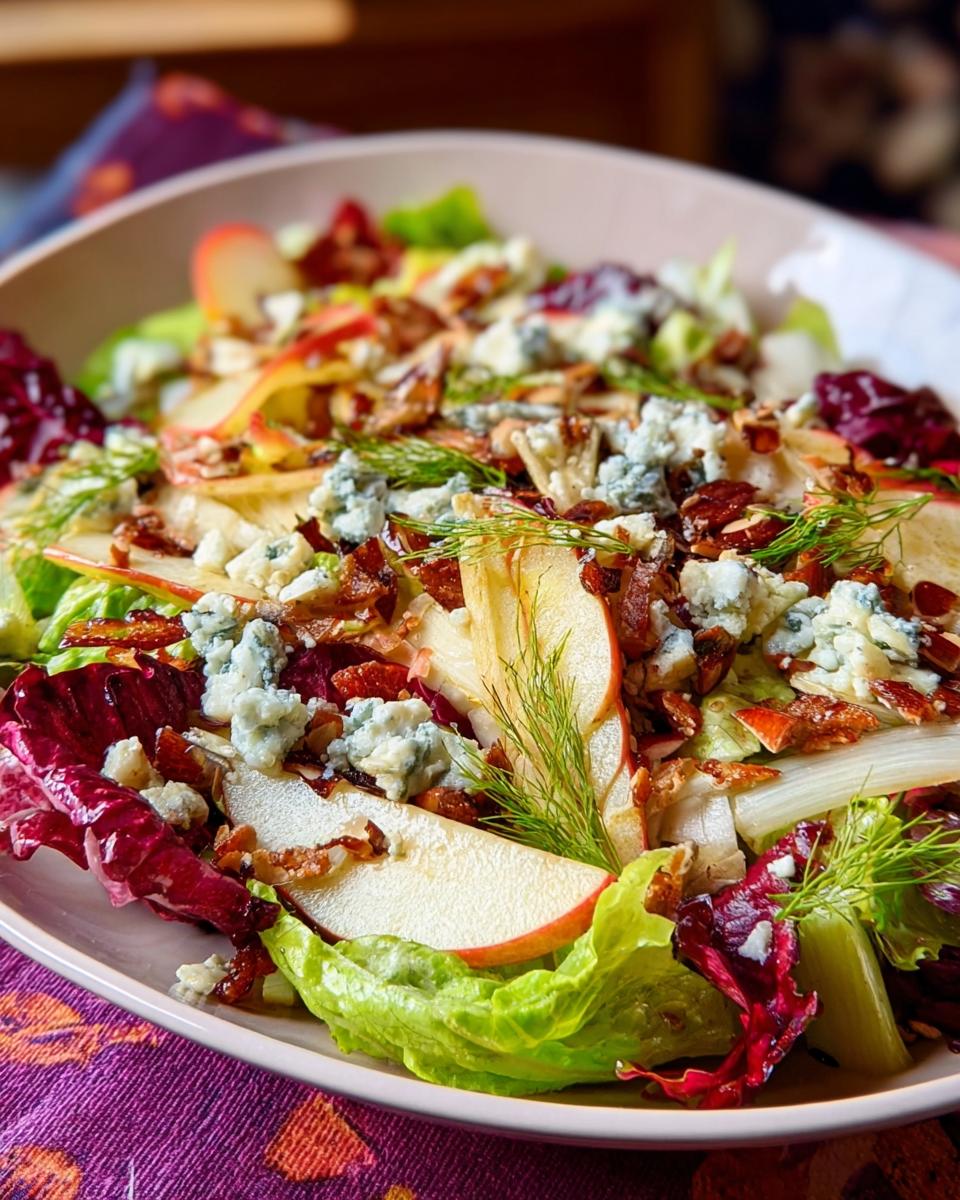 A vibrant Homemade Thanksgiving Salad featuring crisp lettuce, sliced apples, crumbled blue cheese, and bacon bits.