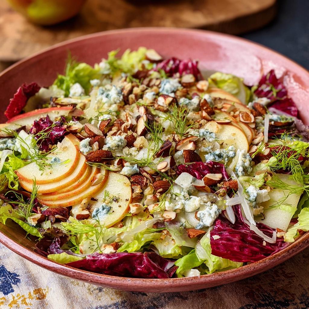 A vibrant Homemade Thanksgiving Salad with crisp lettuce, sliced apples, crumbled blue cheese, and toasted almonds.