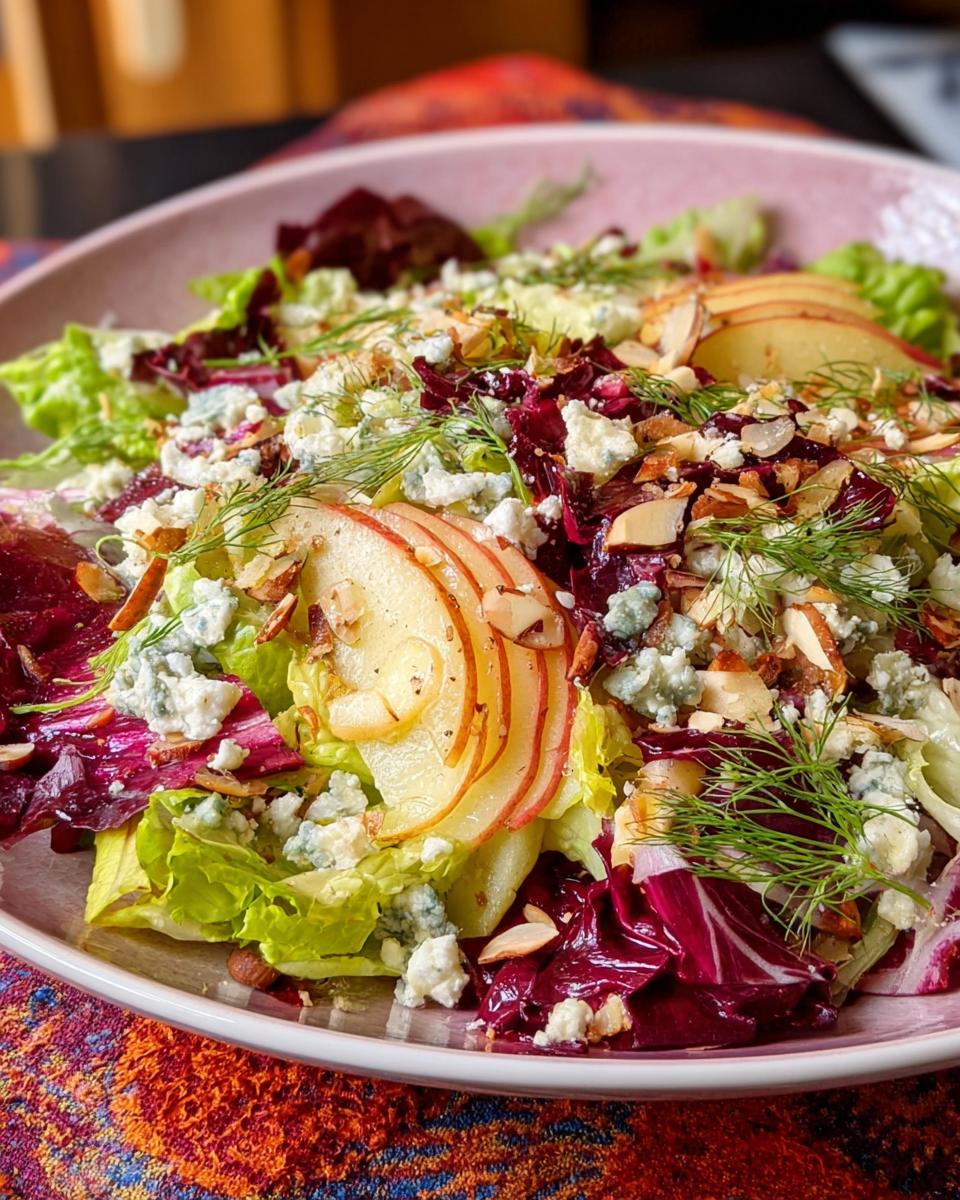 A vibrant Homemade Thanksgiving Salad Recipe featuring crisp lettuce, radicchio, sliced apples, crumbled blue cheese, and toasted almonds.