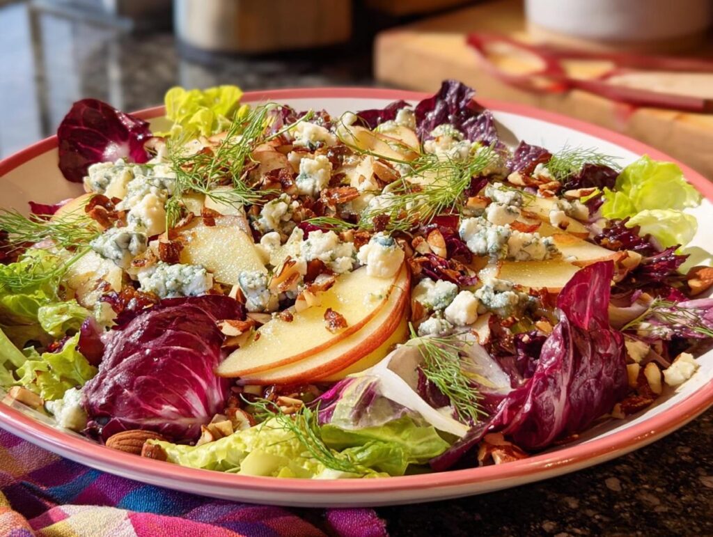 A vibrant Homemade Thanksgiving Salad featuring sliced apples, crumbled blue cheese, almonds, and fresh greens.