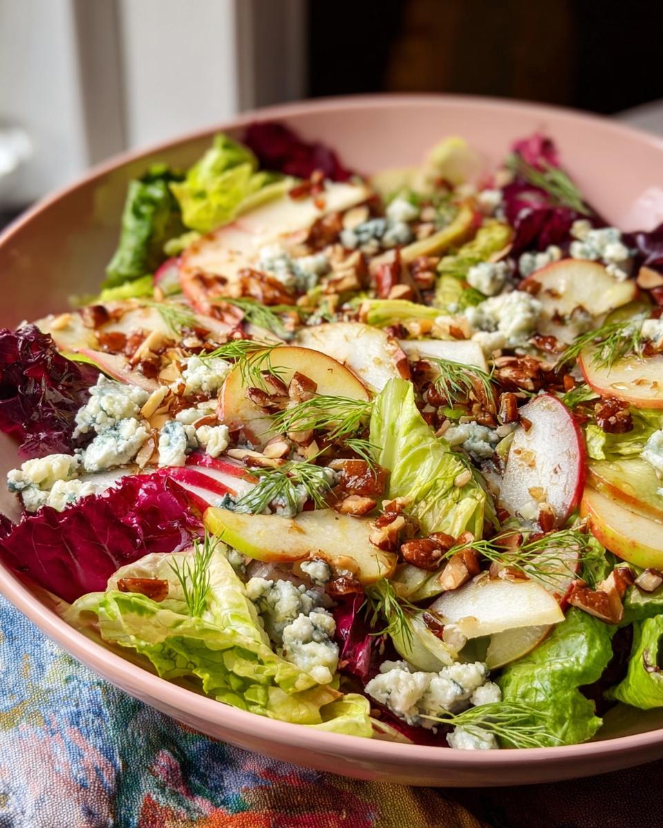 A vibrant Homemade Thanksgiving Salad with fresh lettuce, sliced apples, crumbled blue cheese, and chopped nuts in a pink bowl.