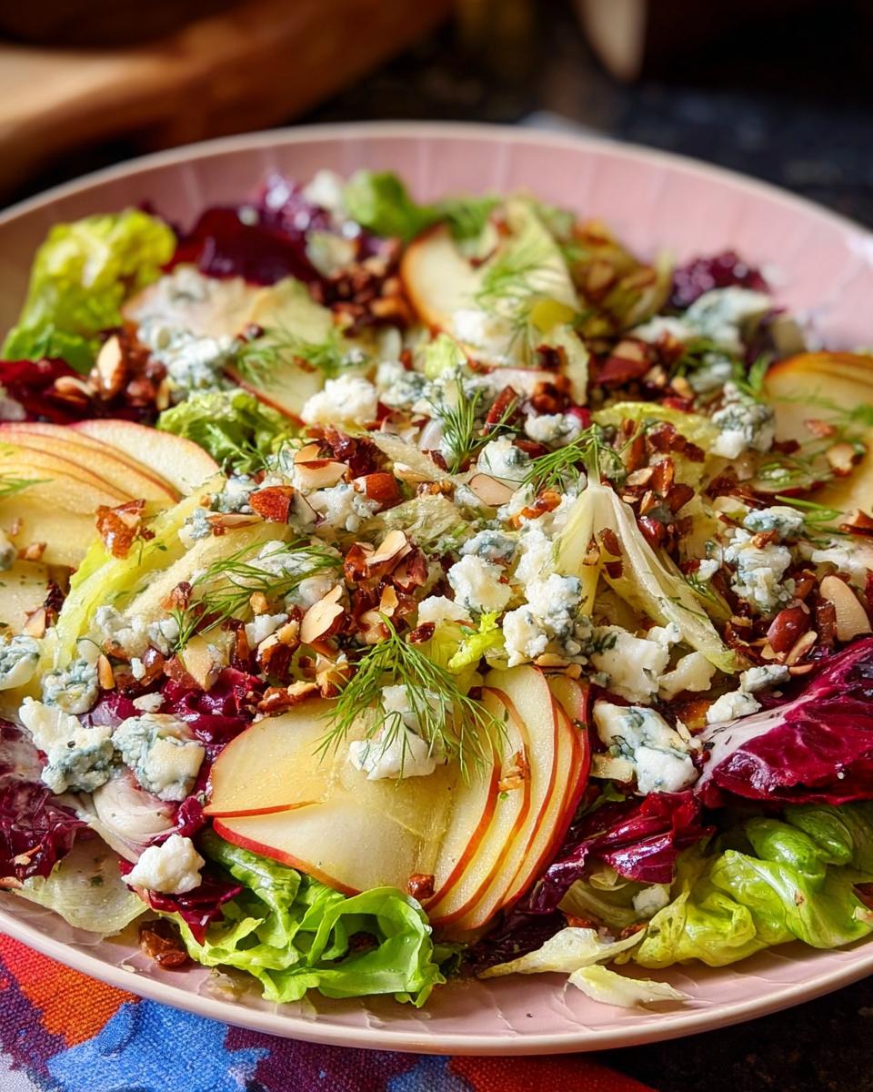 A vibrant Homemade Thanksgiving Salad featuring crisp lettuce, sliced apples, crumbled blue cheese, and chopped nuts.