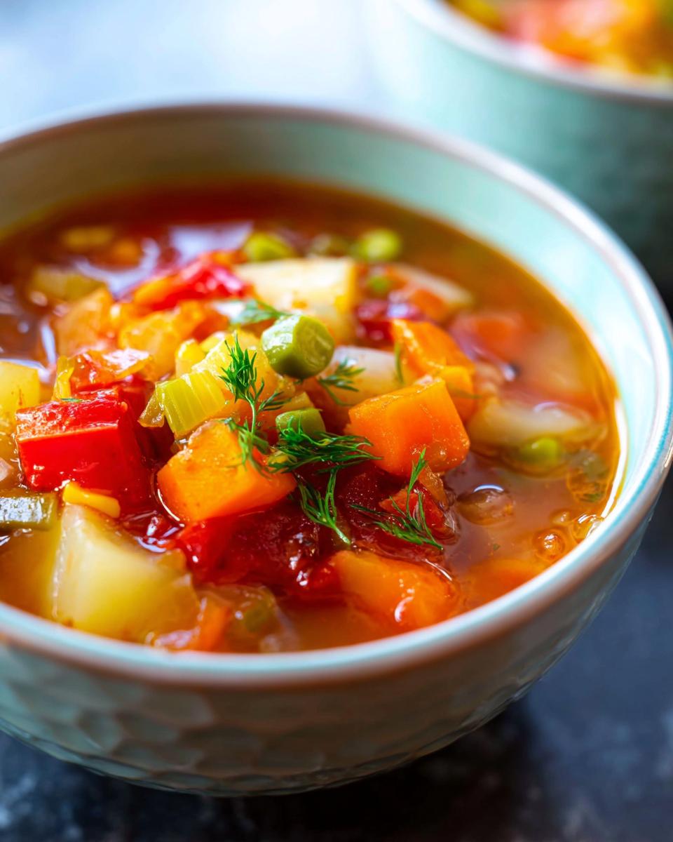 A close-up of a bowl of hearty homemade vegetable soup, filled with chunks of carrots, potatoes, peas, and tomatoes, garnished with dill.