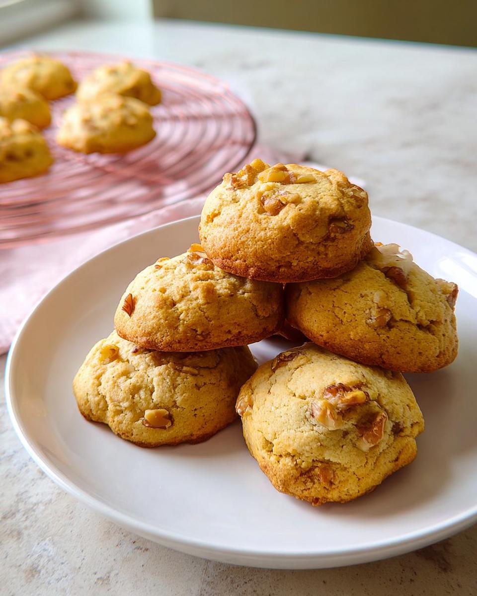 A stack of golden-brown homemade walnut cookies on a white plate, part of amazing homemade dessert recipes.