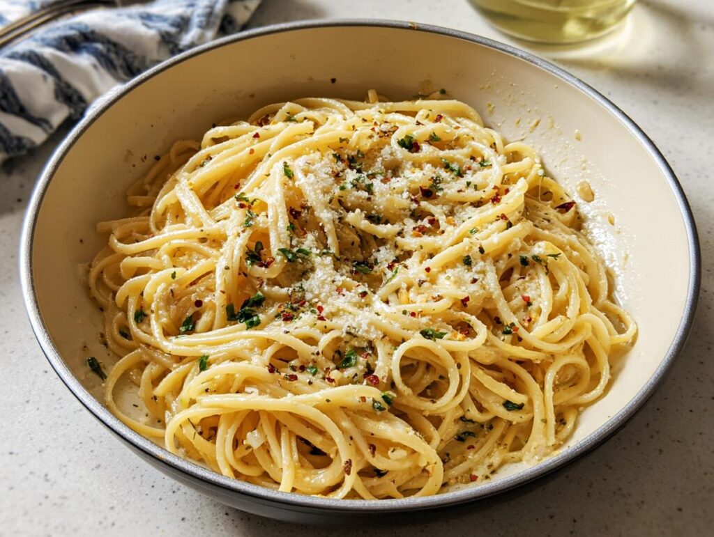 A close-up of a bowl of perfectly cooked pasta, tossed with a creamy sauce, topped with grated cheese, chili flakes, and fresh parsley.