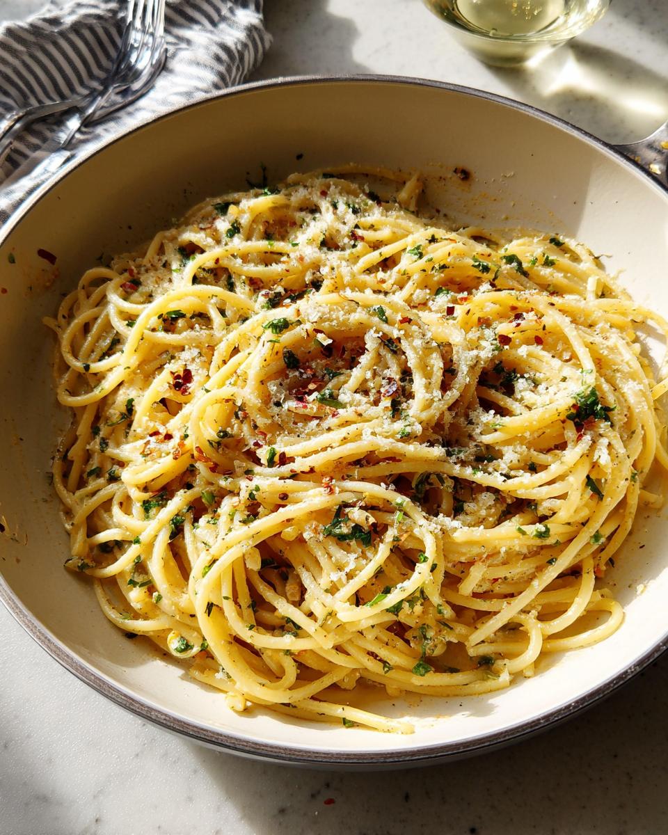 Close-up of a bowl of spaghetti pasta, topped with grated cheese, fresh parsley, and red pepper flakes.