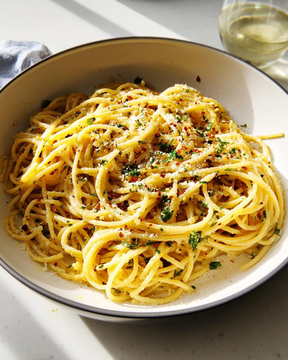 A close-up of a bowl of spaghetti, expertly tossed and garnished with Parmesan cheese, parsley, and red pepper flakes. Learn how to make pasta recipes like a pro.