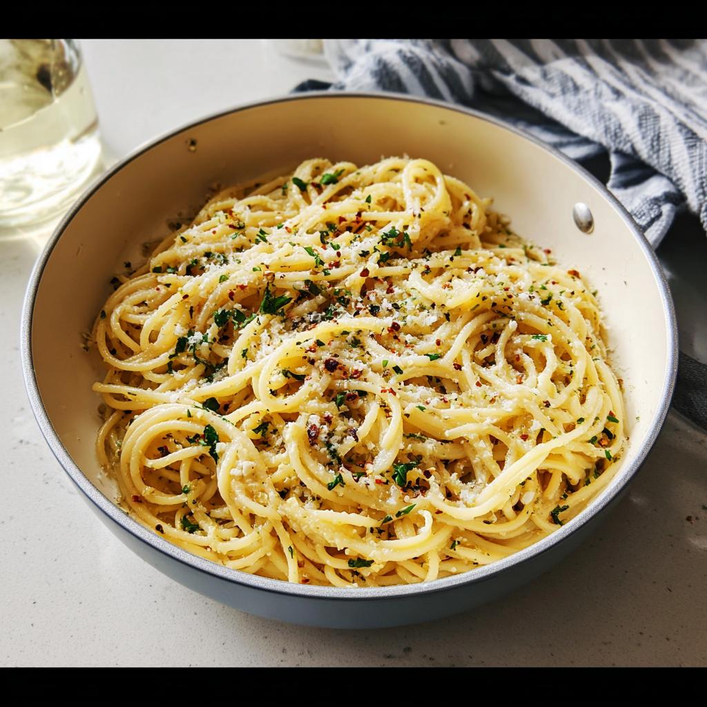 Close-up of a pan filled with perfectly cooked spaghetti, topped with grated cheese, fresh parsley, and chili flakes. Learn how to make pasta recipes like a pro.