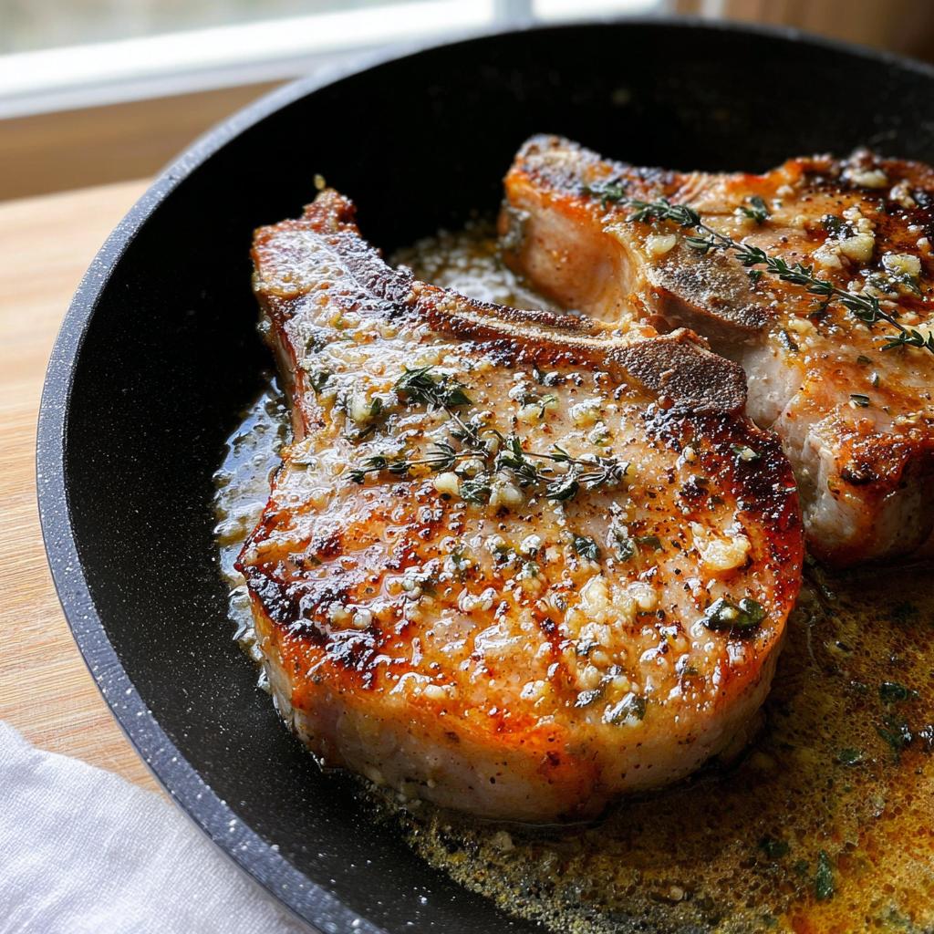 Two perfectly cooked pork chops in a skillet, glistening with butter, garlic, and herbs.
