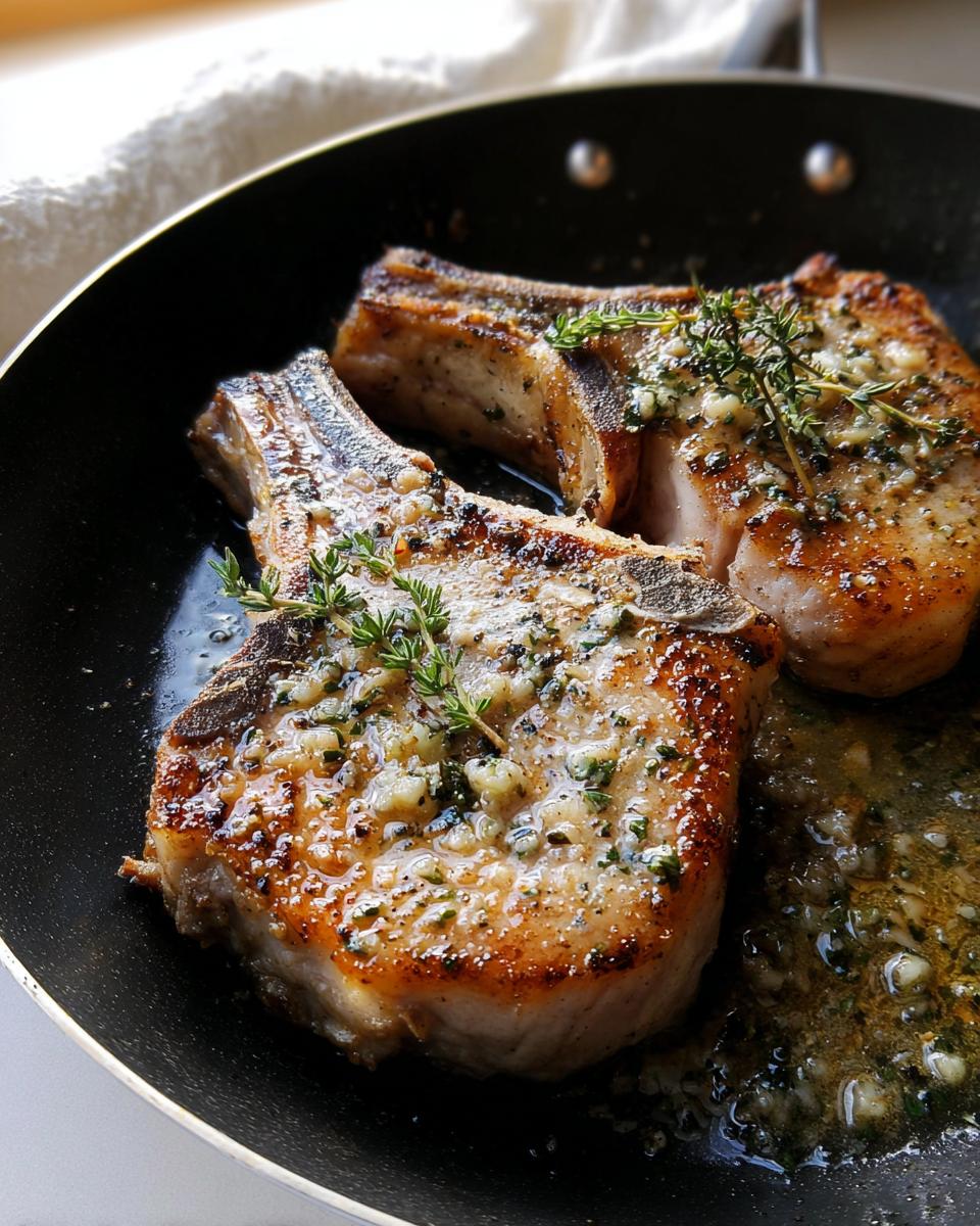 Close-up of two juicy pork chops, pan-seared and topped with garlic, herbs, and butter.