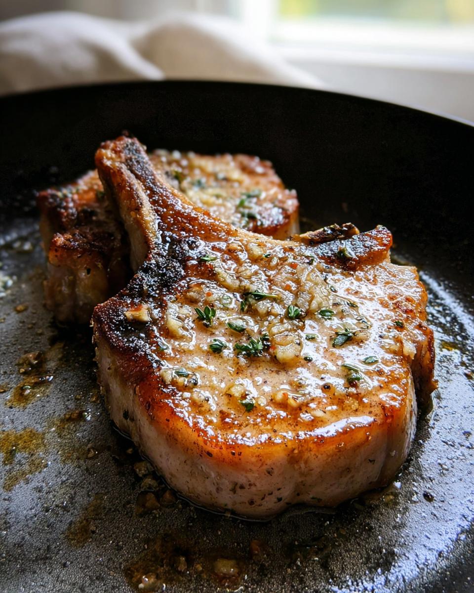 Close-up of two pan-seared pork chops with a garlic herb butter sauce, ready to serve.
