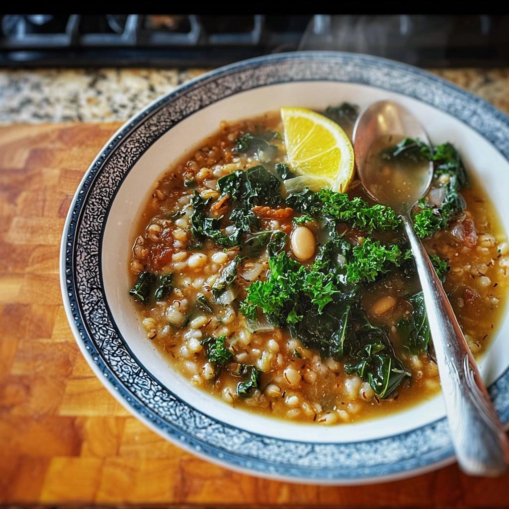 A close-up of a steaming bowl of hearty kale and bean soup, a modern twist on traditional soups, garnished with a lemon slice.