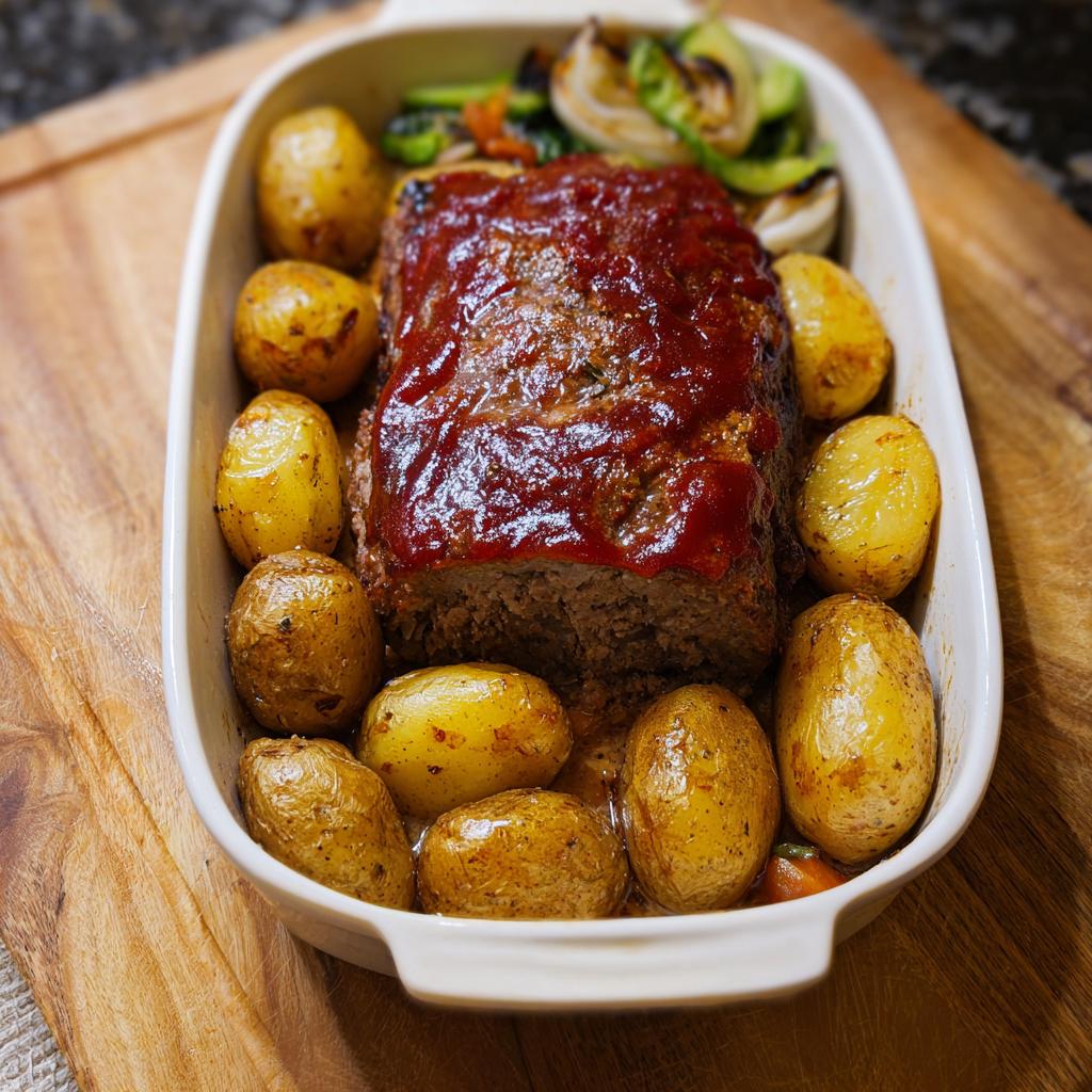 A delicious meatloaf recipe for busy weeknights, baked with roasted potatoes and vegetables in a white dish.