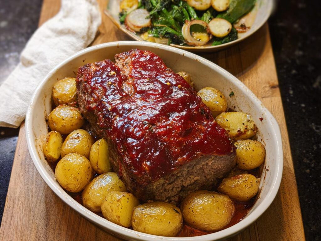 A glazed meatloaf recipe for busy weeknights, baked with golden roasted potatoes in a casserole dish.