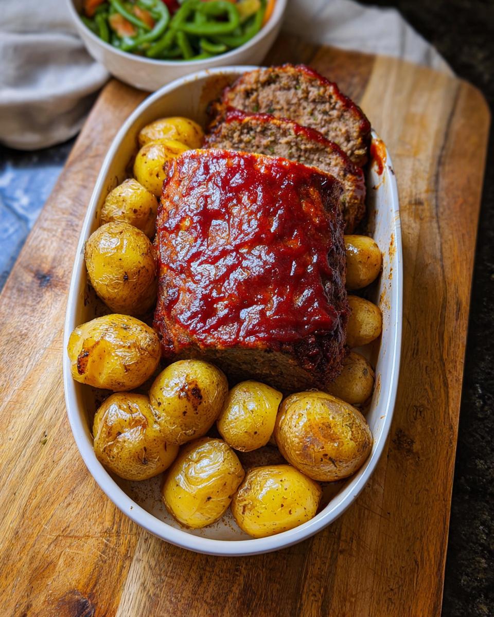 A delicious Meatloaf Recipe For Busy Weeknights topped with glaze, surrounded by golden roasted potatoes in a baking dish.