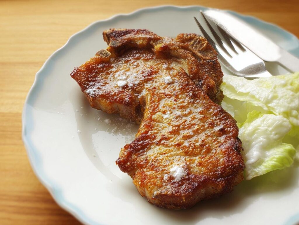 Close-up of two perfectly pan-fried pork chops, seasoned and served with a side of crisp lettuce.