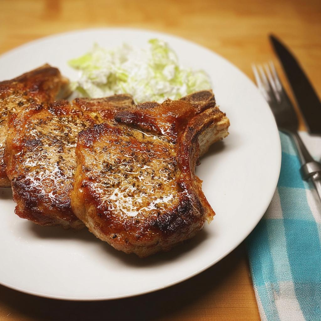 Three perfectly seared pork chops with a side of creamy coleslaw on a white plate.