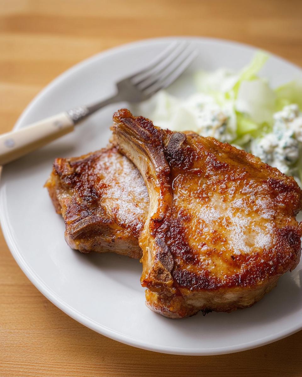 Two perfectly pan-seared pork chops served with a side of fresh salad on a white plate.