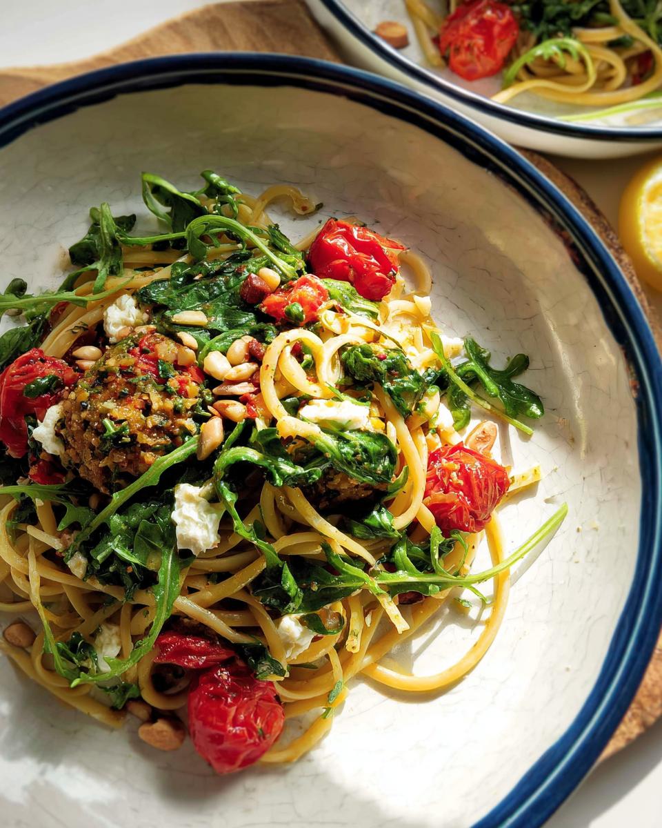 A vibrant bowl of pasta with cherry tomatoes, arugula, feta cheese, pine nuts, and a savory meatball.