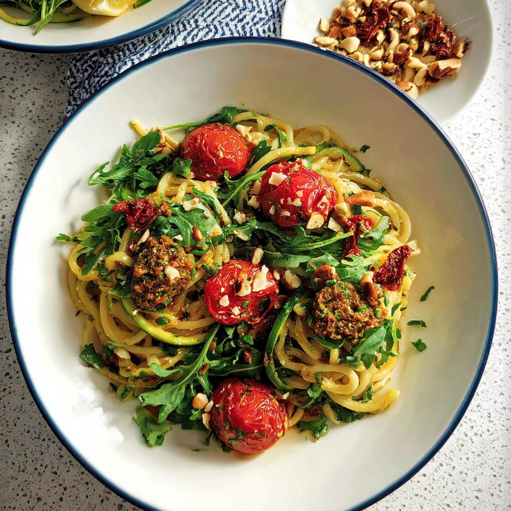A vibrant bowl of pasta with cherry tomatoes, arugula, pesto, and chopped nuts, part of our Pasta Recipes Everyone Will Love.