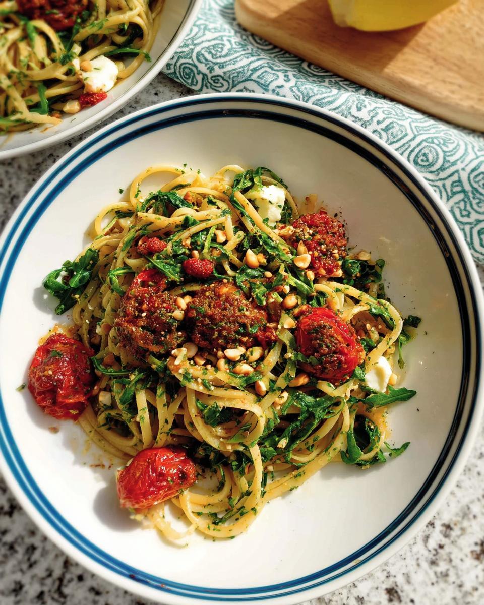 A close-up of a vibrant pasta dish featuring linguine, cherry tomatoes, arugula, and crumbled cheese, part of our Pasta Recipes Everyone Will Love collection.