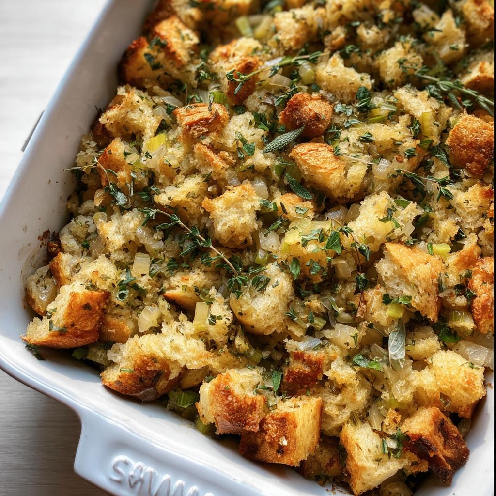 Close-up of a white baking dish filled with Perfect Homemade Stuffing Recipe For Thanksgiving, garnished with fresh herbs.