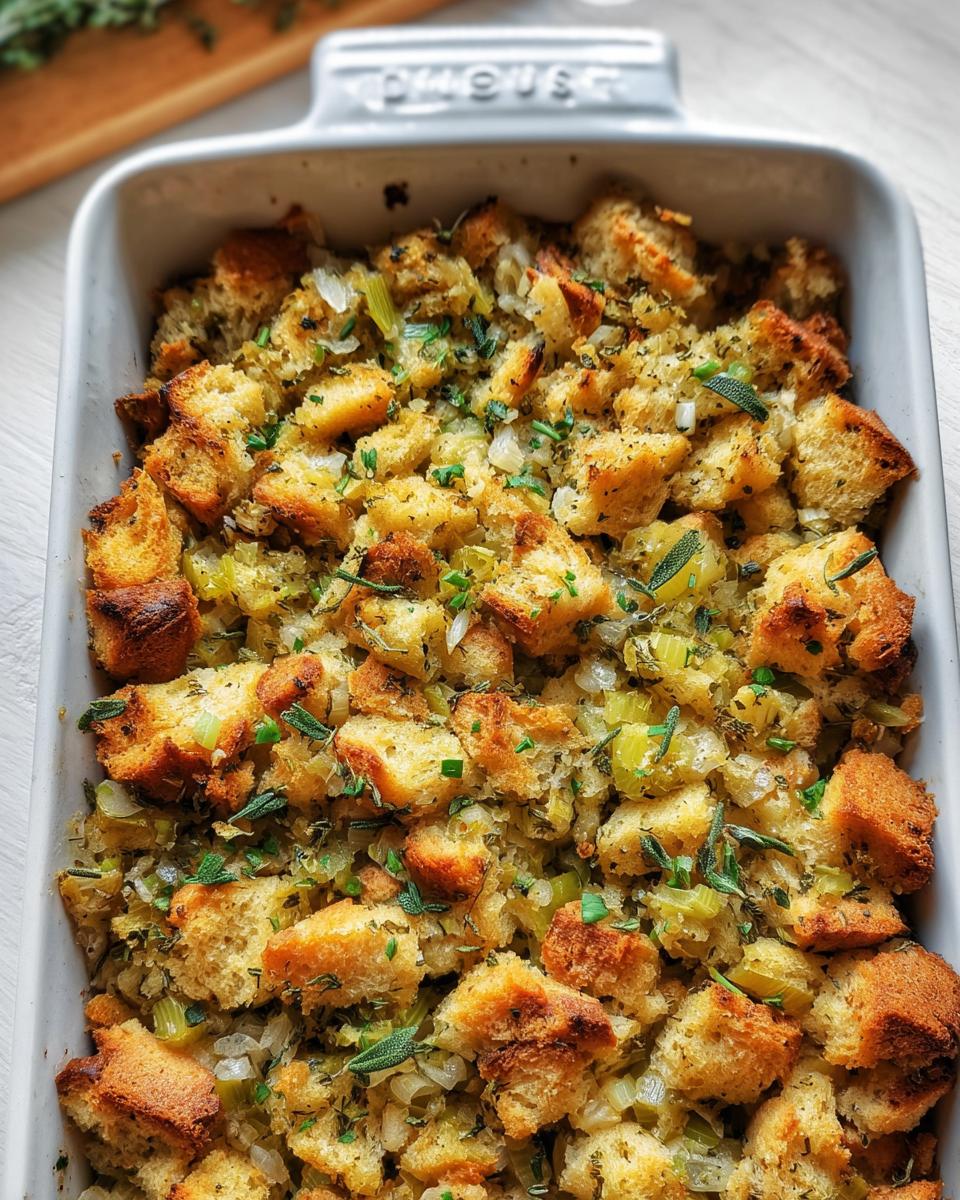 Close-up of a baking dish filled with Perfect Homemade Stuffing Recipe For Thanksgiving, featuring golden-brown bread cubes and herbs.