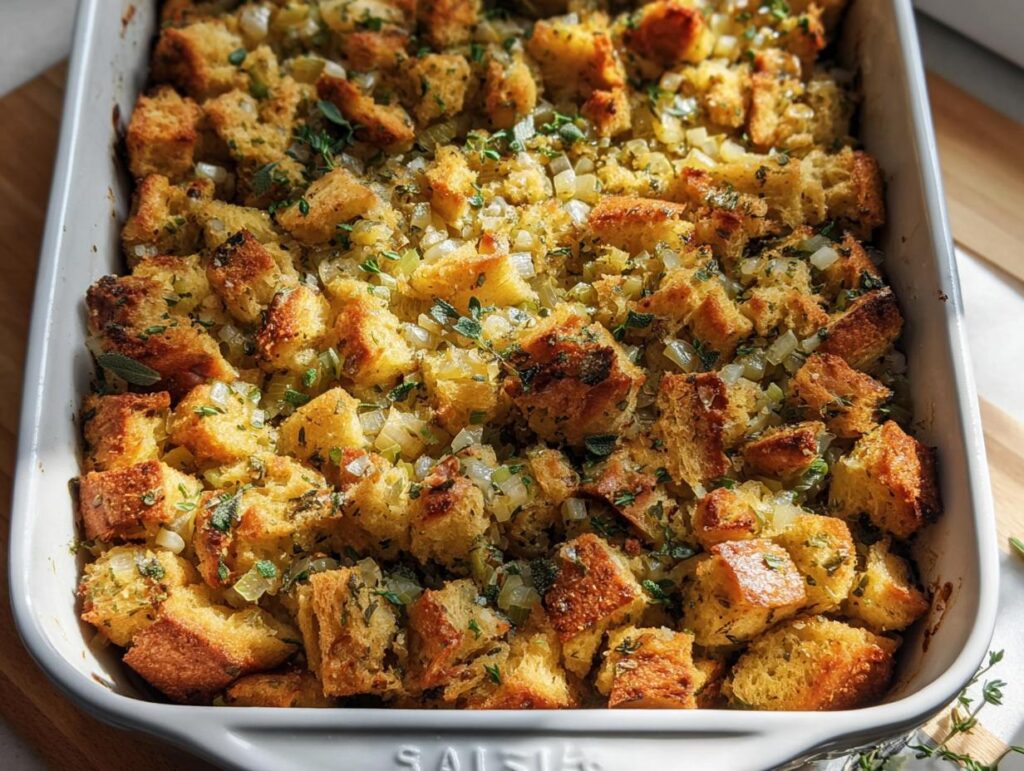 Close-up of a white baking dish filled with golden brown, perfectly homemade stuffing for Thanksgiving, topped with fresh herbs.