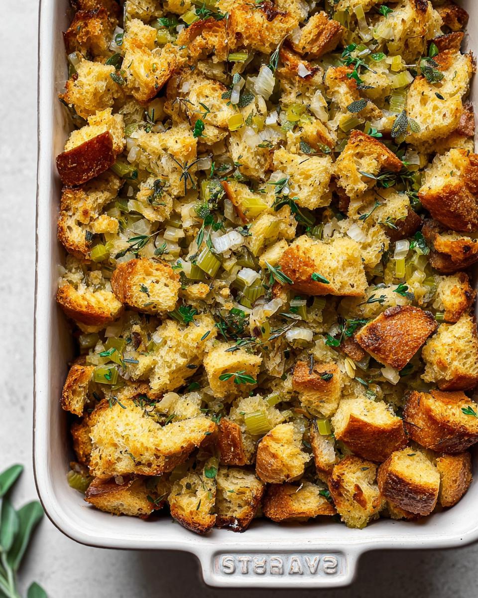 Close-up of a baking dish filled with Perfect Homemade Stuffing Recipe For Thanksgiving, featuring toasted bread cubes, celery, and herbs.