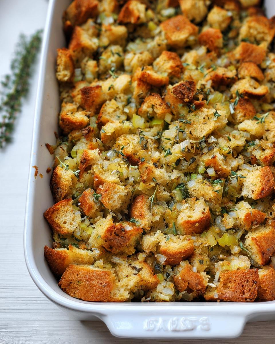 Close-up of a white baking dish filled with Perfect Homemade Stuffing Recipe For Thanksgiving, featuring toasted bread cubes and herbs.