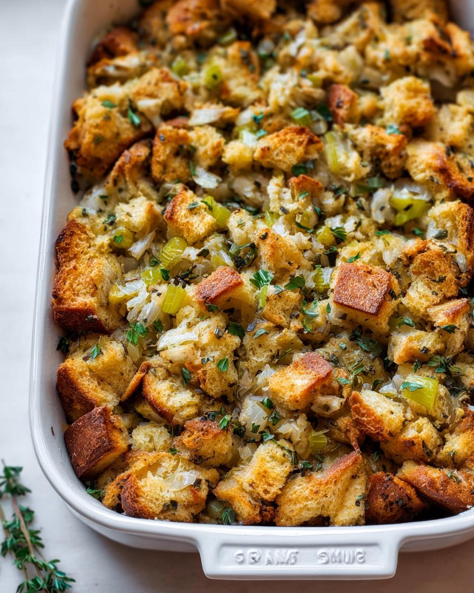 Close-up of a white baking dish filled with golden brown, crusty bread cubes, celery, and herbs for a Perfect Homemade Stuffing Recipe For Thanksgiving.