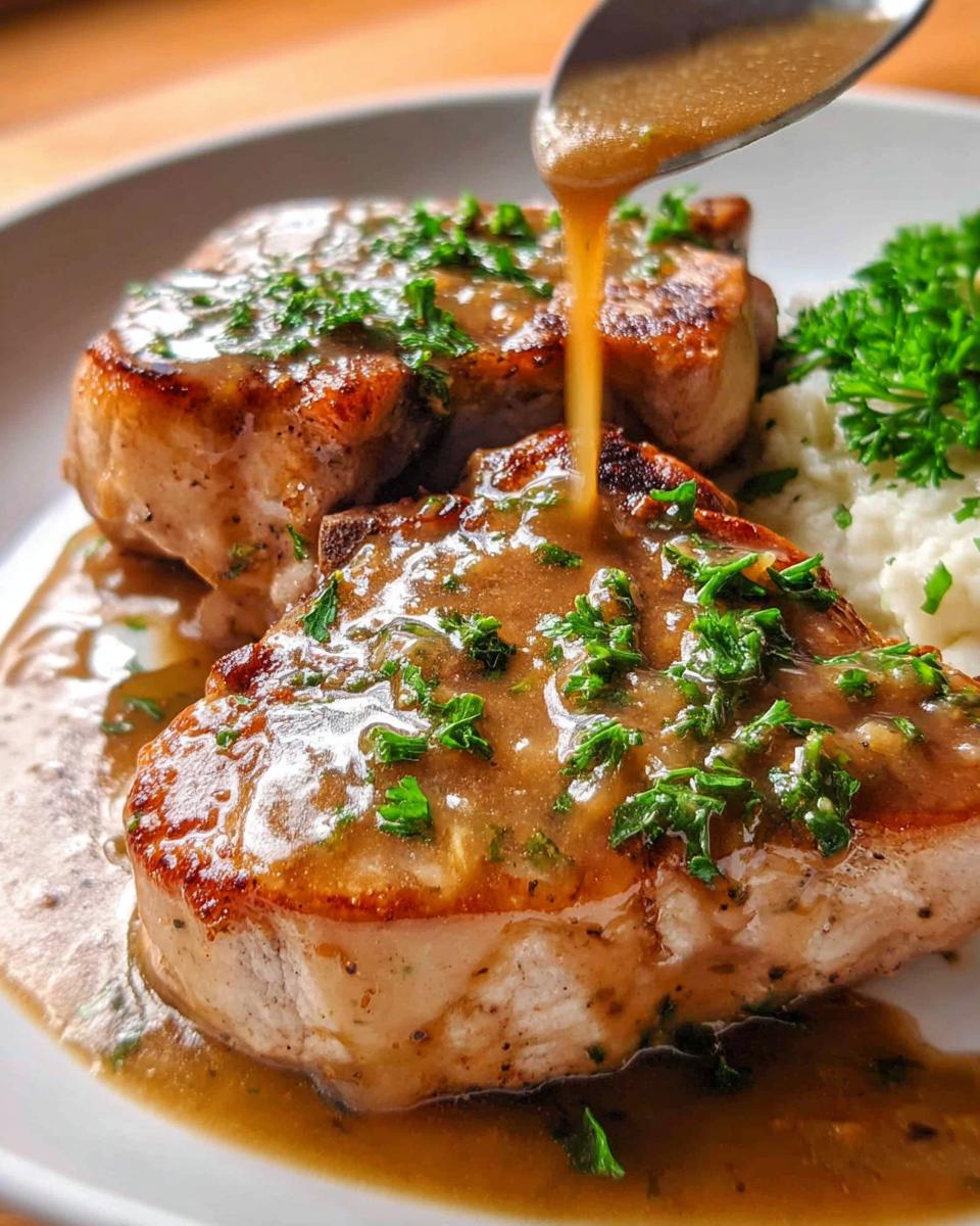 Close-up of two juicy pork chops smothered in savory gravy and garnished with fresh parsley, served with mashed potatoes.