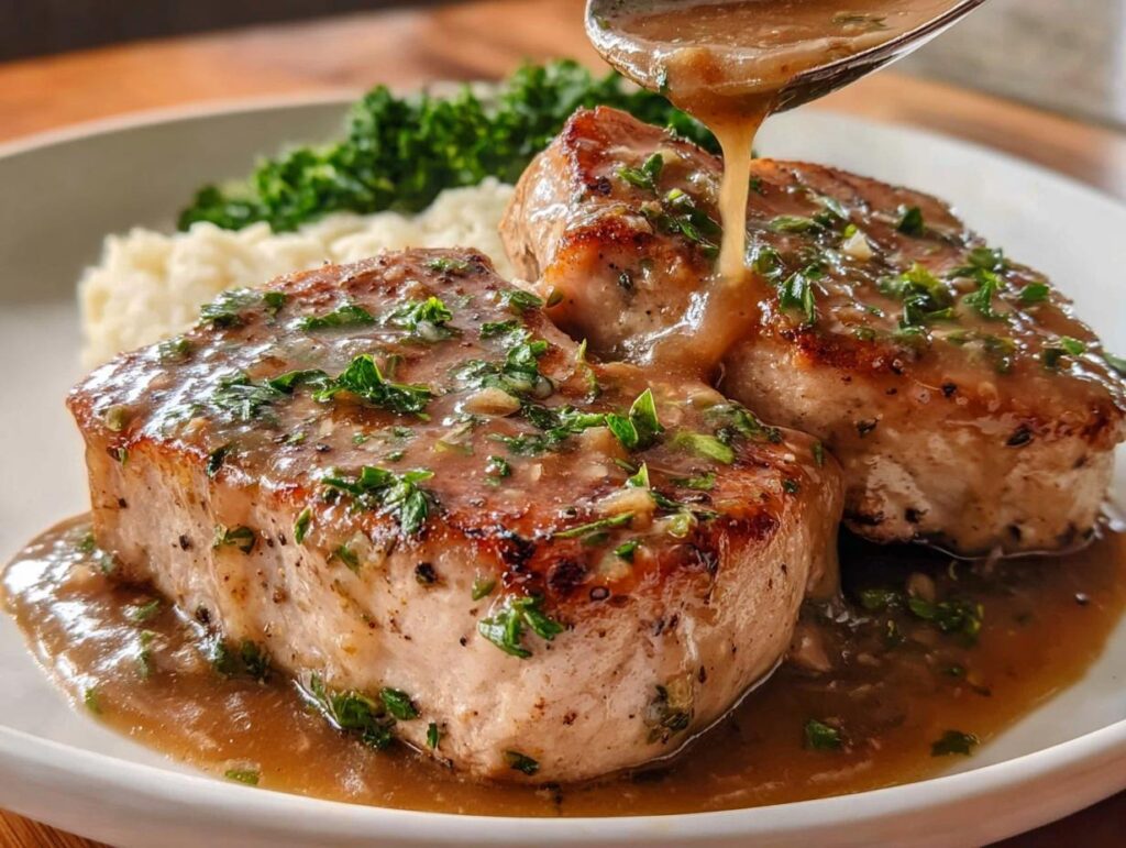 Close-up of two juicy pork chops smothered in a savory sauce and garnished with parsley, served with mashed potatoes and greens.