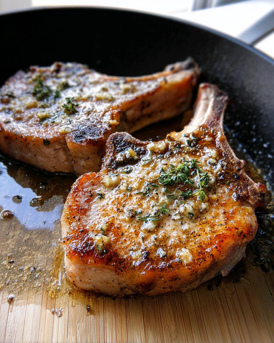 Close-up of two pan-seared pork chops in a skillet, glistening with garlic butter and fresh thyme.