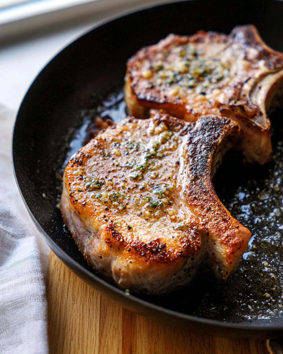 Two juicy pork chops seared in a cast iron skillet, seasoned with herbs and spices.