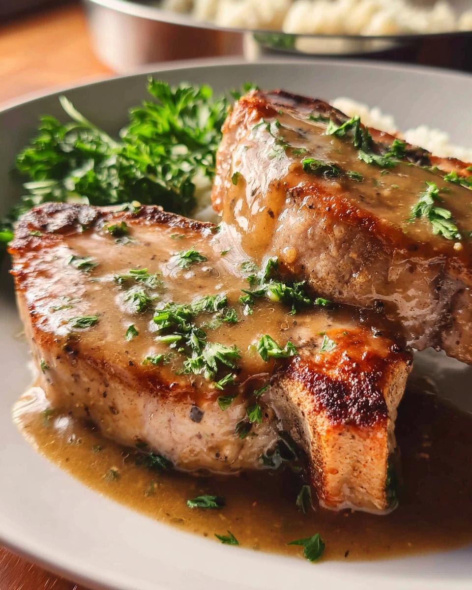 Two juicy pork chops smothered in gravy and garnished with parsley, served with mashed potatoes.