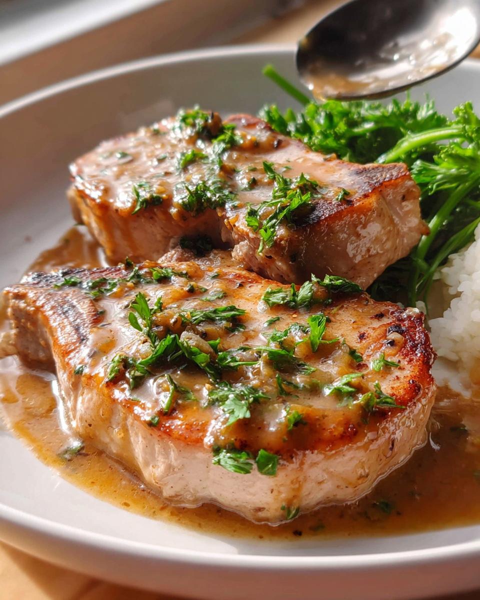 Two pan-seared pork chops smothered in a savory sauce and garnished with fresh parsley, served with rice and greens.