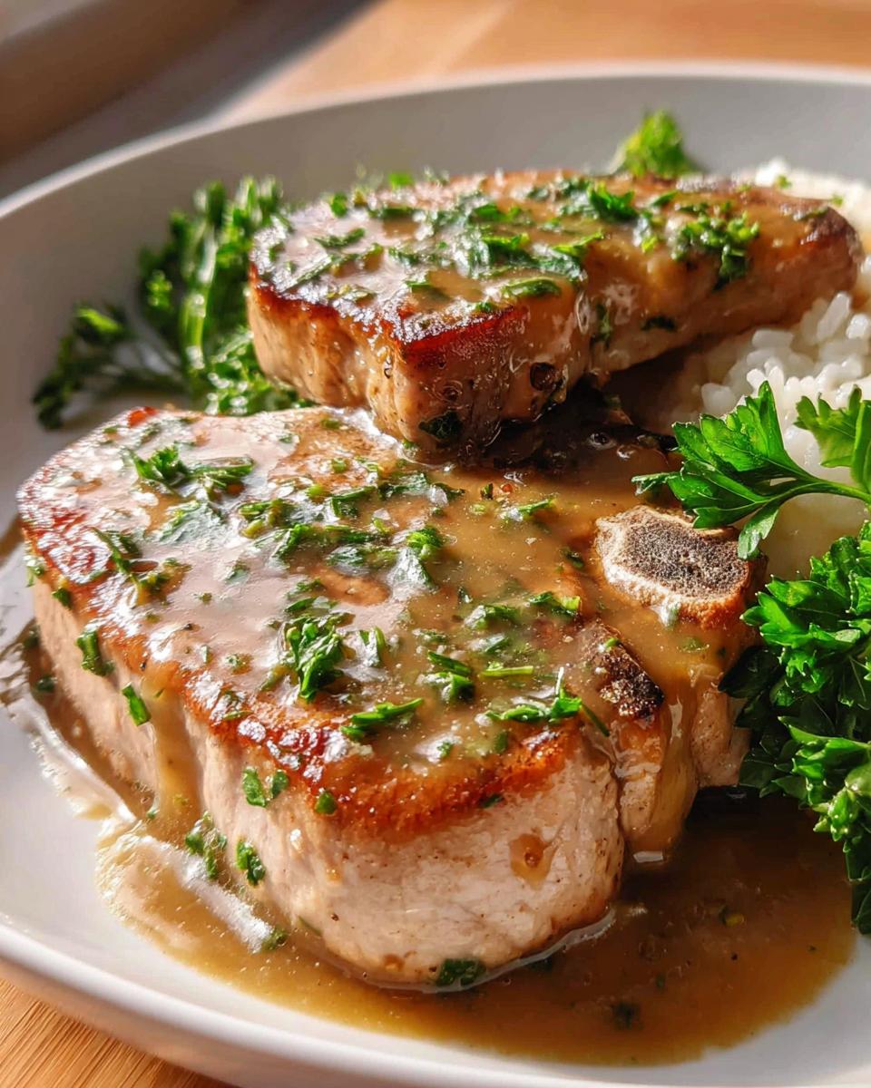 Two juicy pork chops smothered in a savory sauce and sprinkled with fresh parsley, served with rice and greens.